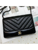 Chanel Chevron Crinkled Calfskin Gabrielle Wallet on Chain WOC Bag A86025 Black