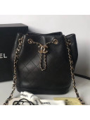 Chanel Quilted Leather Chain Drawstring Small Bucket Bag Black 2019