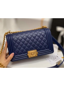 Chanel Quilted Origial Haas Caviar Leather Medium Boy Flap Bag Blue with Matte Gold Hardware(Top Quality)