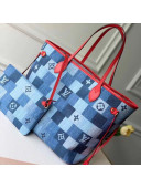 Louis Vuitton Neverfull MM Tote Bag in Damier Monogram Denim Canvas M44981 Blue/Red 2020