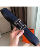 Hermes Tonight Reversible Leather Buckle Belt 38mm Blue/Black/Silver 2019