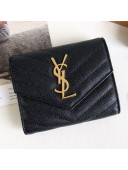 Saint Laurent Monogram Compact Tri Fold Small Wallet in Grained Leather 403943 Black/Gold 2019