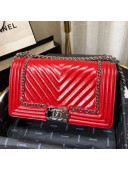 Chanel Medium Crinkled Calfskin Chain Trim Chevron Classic Boy Flap Bag Red 2019