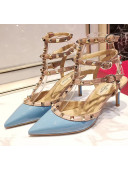 Valentino Patent Calfskin Rockstud Ankle Strap With 6.5cm Heel Blue