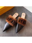 Fendi Flat Leather Mules with FF Fur Band Black/Brown 2018