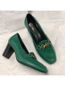 Gucci Calfskin Horsebit Mid-Heel Loafer Pumps 70mm Green 2020