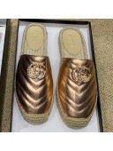 Gucci Chevron Lambskin Espadrille Slipper Mules with Double Crystal G Bronze Gold 2019