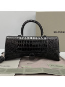 Balenciaga Hourglass Streched Top Handle Bag in Shiny Crocodile Calfskin 92945 All Black 2021