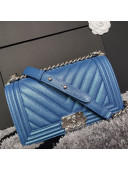 Chanel Iridescent Chevron Grained Leather Classic Medium Boy Flap Bag Blue/Silver 2019