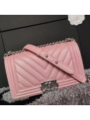 Chanel Iridescent Chevron Grained Leather Classic Medium Boy Flap Bag Pink/Silver 2019