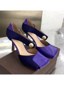 Bottega Veneta Calfskin Fur Square Toe Pumps with Button Buckle Violet Purple 2019