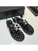 Chanel Lambskin Pearl Charm Flat Thong Sandals Black 2021