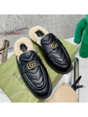 Gucci Leather Shearling Slippers with Double G Black 2021 111630