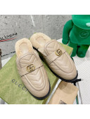 Gucci Leather Shearling Slippers with Double G Beige 2021 111631