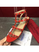 Valentino Calfskin Rockstud Flat Sandal Red 2017