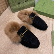 Gucci 100 Velvet Fur Slippers Black 2021 111624