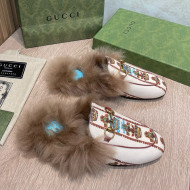 Gucci 100 Flower Jacquard Canvas Fur Slippers White 2021 111626