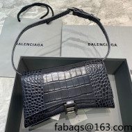 Balenciaga Hourglass Sling Shoulder Bag in Shiny Crocodile Embossed Calfskin Dark Blue 2021