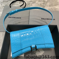 Balenciaga Hourglass Sling Shoulder Bag in Shiny Crocodile Embossed Calfskin Azur Blue 2021