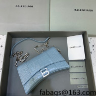 Balenciaga Hourglass Chain Wallet in Shiny Crocodile Leather Dusty Blue/Silver 2021