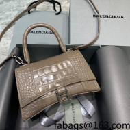 Balenciaga Hourglass Small Top Handle Bag  in Shiny Crocodile Leather Dark Beige/Silver 2022