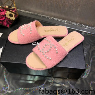 Chanel Tweed Pearl CC Flat Slide Sandals Pink 2022 032209