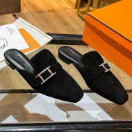 Hermes Suede Buckle Flat Slide Sandals Black 2022 14