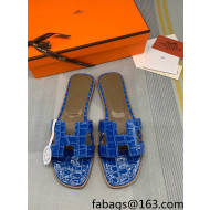 Hermes Oran Stone Embossed Leather Flat Slide Sandals Blue 2022 10