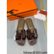 Hermes Oran Stone Embossed Leather Flat Slide Sandals Coffee Brown 2022 13