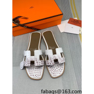 Hermes Oran Crocodile Embossed Leather Flat Slide Sandals White/Grey 2022 13