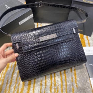 Saint Laurent Manhattan Shoulder Bag in Crocodile Embossed Shiny Leather 579271 Black/Silver 2020