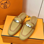 Hermes Oz Mule in Denim Canvas and Calfskin with Iconic Kelly Buckle Brown 05 2022(Handmade)