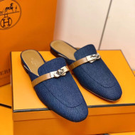 Hermes Oz Mule in Denim Canvas and Calfskin with Iconic Kelly Buckle Blue 07 2022(Handmade)