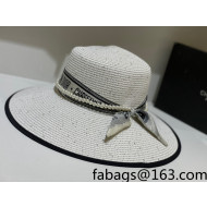 Dior Staw Wide Brim Hat with Pearl and Silk Band White 2021