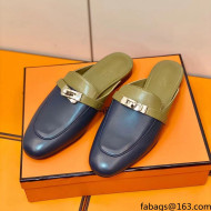 Hermes Oz Mule in Smooth Calfskin with Iconic Kelly Buckle Khaki/Blue 25 2022(Handmade)