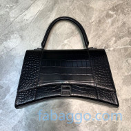 Balenciaga Hourglass Large Top Handle Bag in Shiny Crocodile Embossed All Black 2020