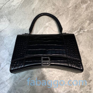 Balenciaga Hourglass Medium Top Handle Bag in Shiny Crocodile Embossed All Black 2020