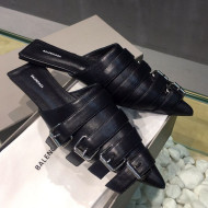 Balenciaga Shiny Lambskin Buckle Strap Flat Mules Black 2021