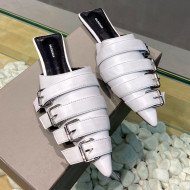 Balenciaga Shiny Lambskin Buckle Strap Flat Mules White 2021