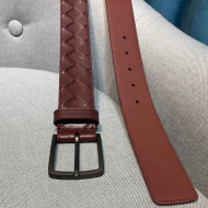 Bottega Veneta Woven Leather Belt 35mm with Matte Frame Buckle Burgundy 2019