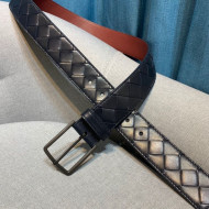 Bottega Veneta Woven Leather Belt 35mm with Matte Frame Buckle Navy Blue 2019