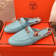 Hermes Classic Kelly Calfskin Flat Mules Blue 2020