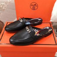 Hermes Classic Kelly Calfskin Flat Mules Black 2020