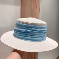 Dior White Straw Hat with Wrap Band Blue 2021