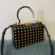 Valentino Rockstud Alcove Grainy Calfskin Box Bag with All-Over Studs Black/Gold 2021 4400