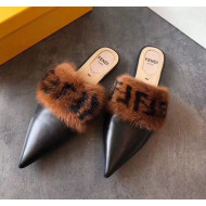 Fendi Flat Leather Mules with FF Fur Band Black/Brown 2018