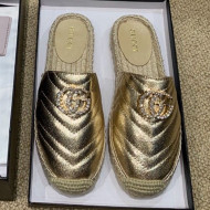 Gucci Chevron Lambskin Espadrille Slipper Mules with Double Crystal G Gold Yellow 2019