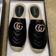 Gucci Chevron Lambskin Espadrille Slipper Mules with Double Crystal G Black 2019