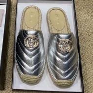 Gucci Chevron Lambskin Espadrille Slipper Mules with Double Crystal G Silver 2019