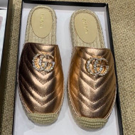 Gucci Chevron Lambskin Espadrille Slipper Mules with Double Crystal G Bronze Gold 2019